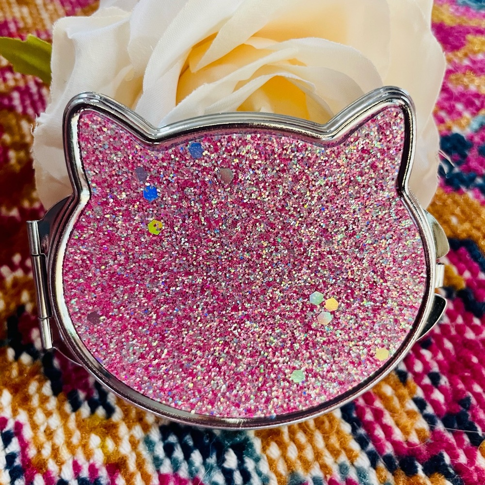 New! Glittery Pink Kitty Cat Compact Mirror